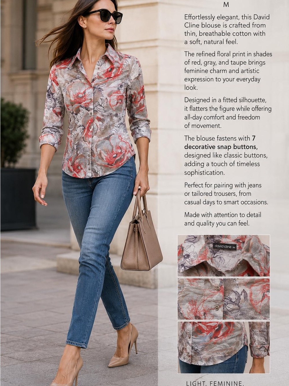 David Cline Red & Gray Floral Cotton Button-Front Blouse